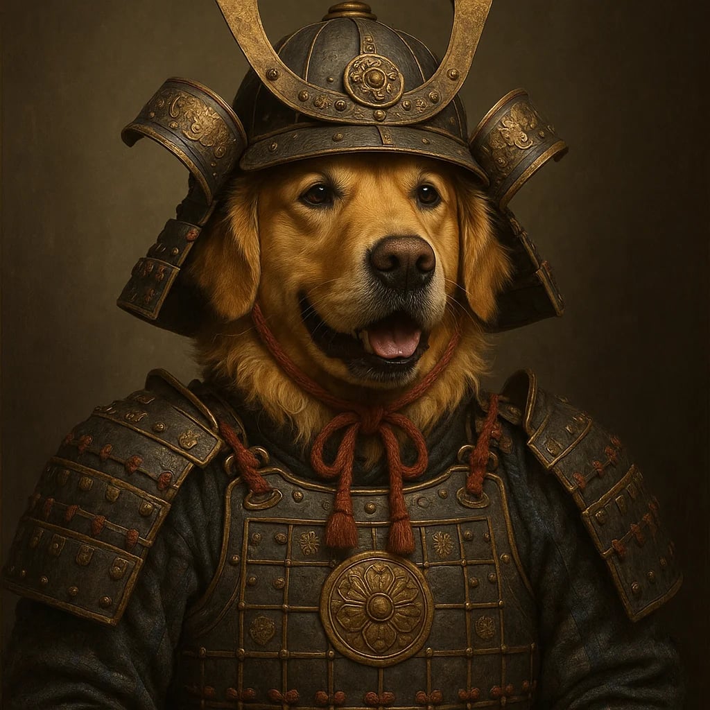Golden retriever in samurai armor